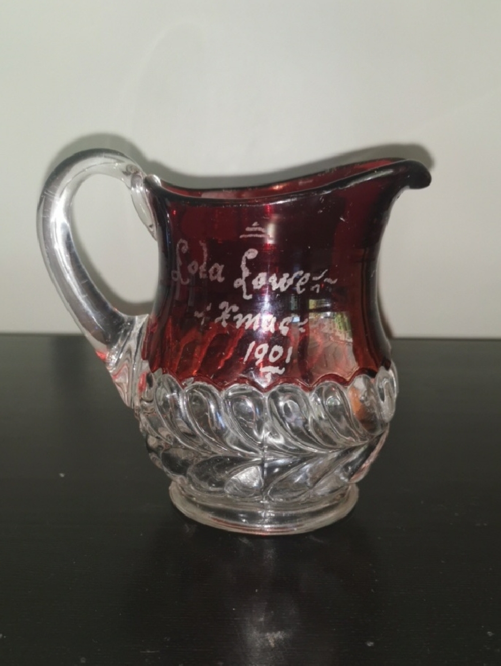 Vintage Ruby‎ Red Glass Pitcher Creamer Souvenir Lola Lowe Xmas 1901